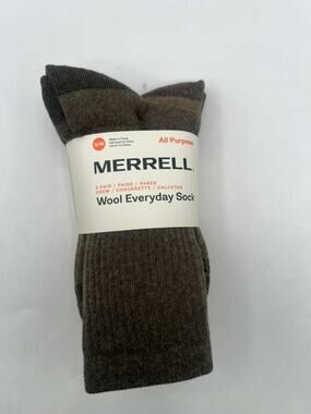 Merrell Unisex Wool Everyday Crew Socks 3 Pair Pack S/M Brown Wool Blend New